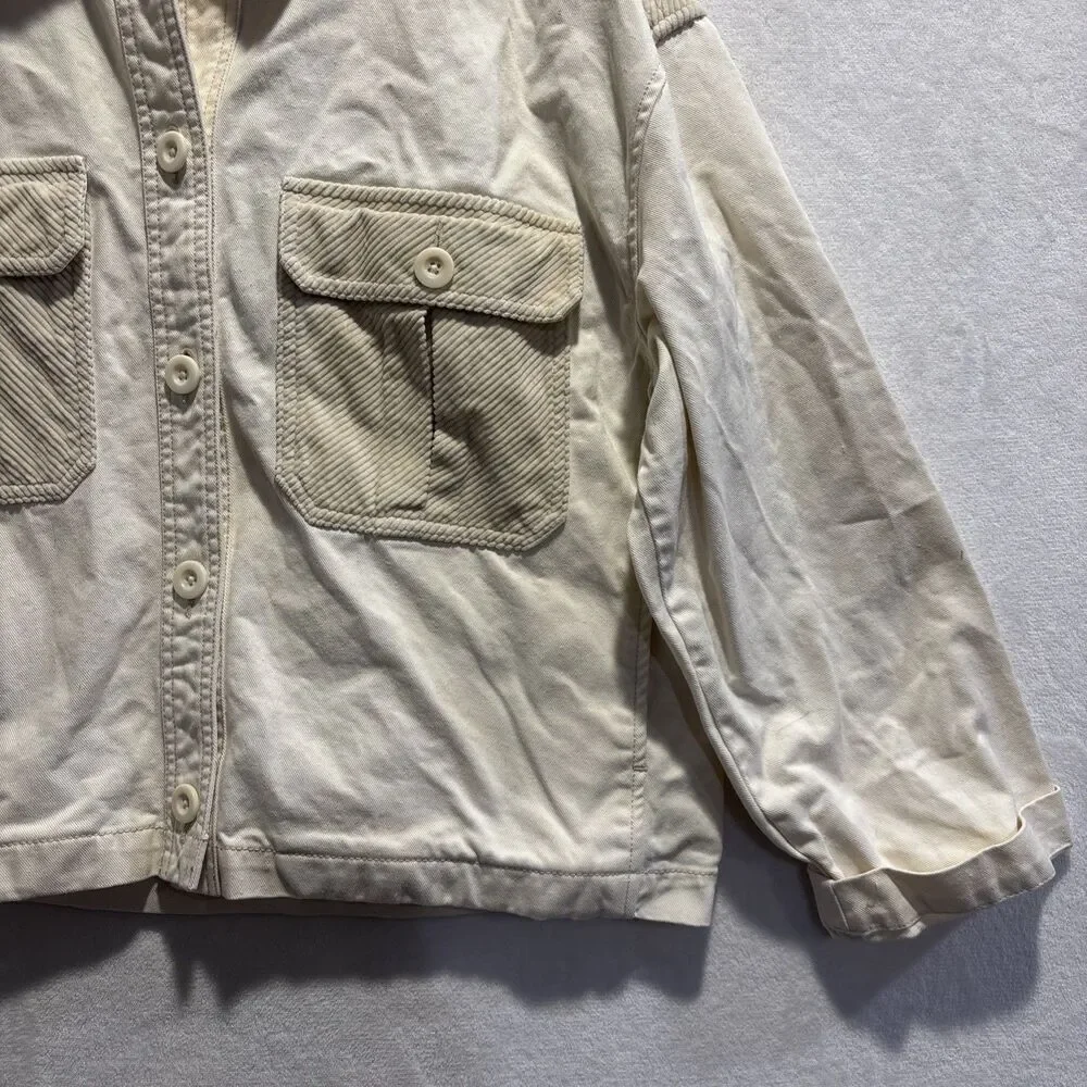 Madewell Women’s Cotton Chino Boxy Shirt Jacket Natural Size Large Elbow Patches